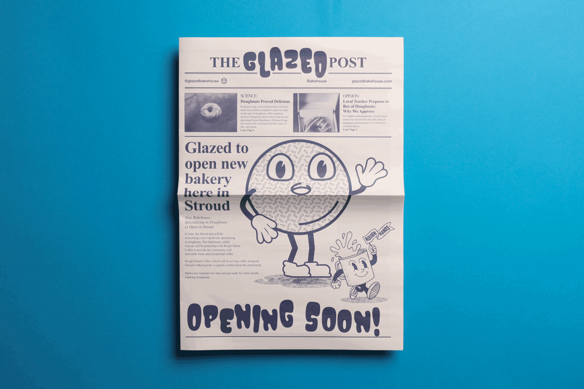Glazed Bakehouse newspaper branding. Printed by Newspaper Club.