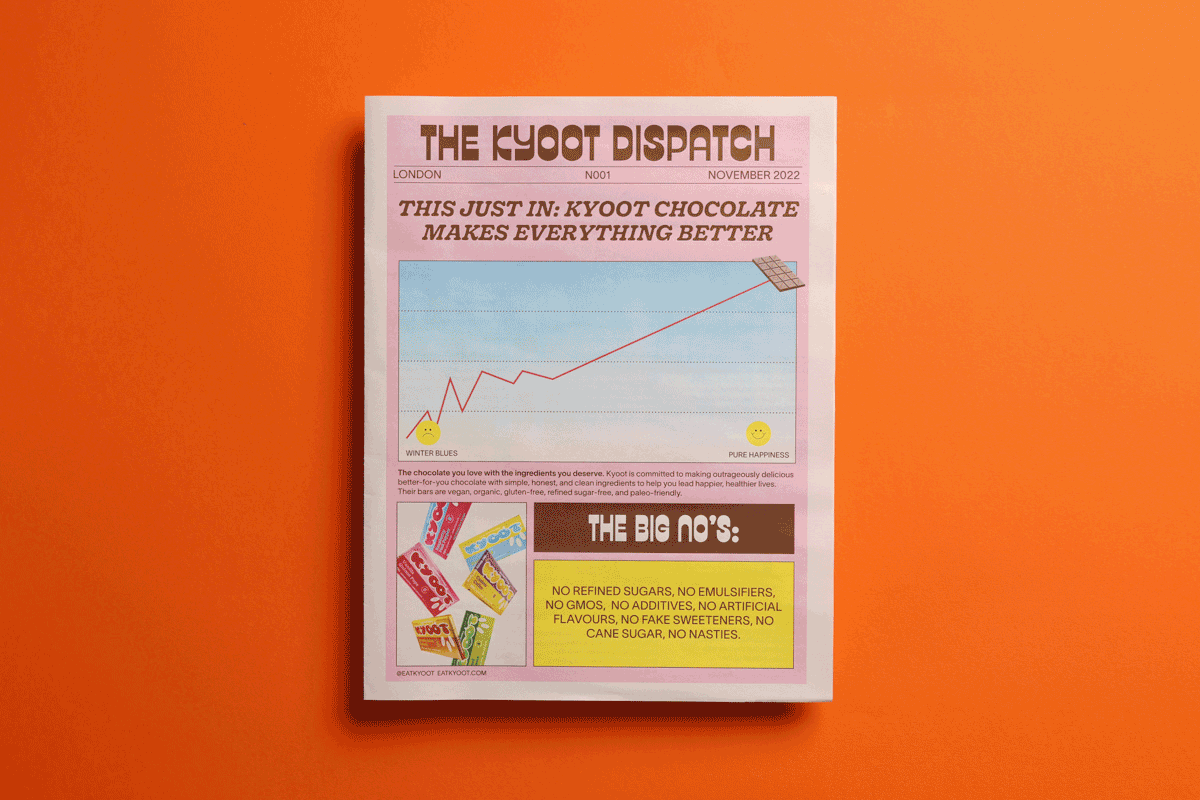 Newspaper for vegan chocolate brand Kyoot. Printed by Newspaper Club.