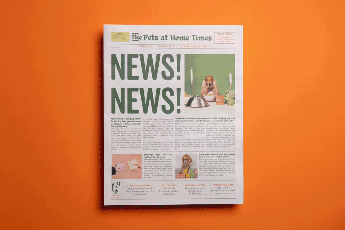 Marleybones pet food brand newspaper. Printed by Newspaper Club.