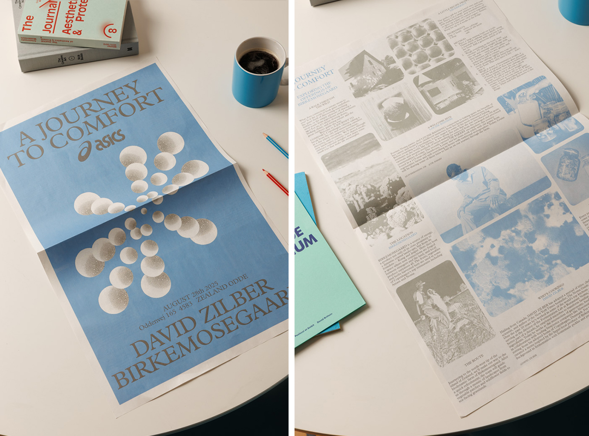 Split image showing two sides of a poster for Asics, featuring an abstract blue illustration