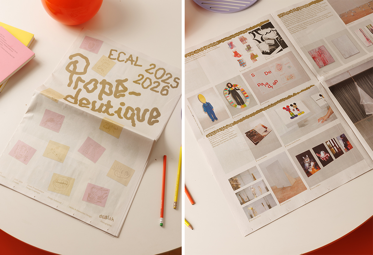 Cover and inside spread of ECAL Foundation course broadsheet