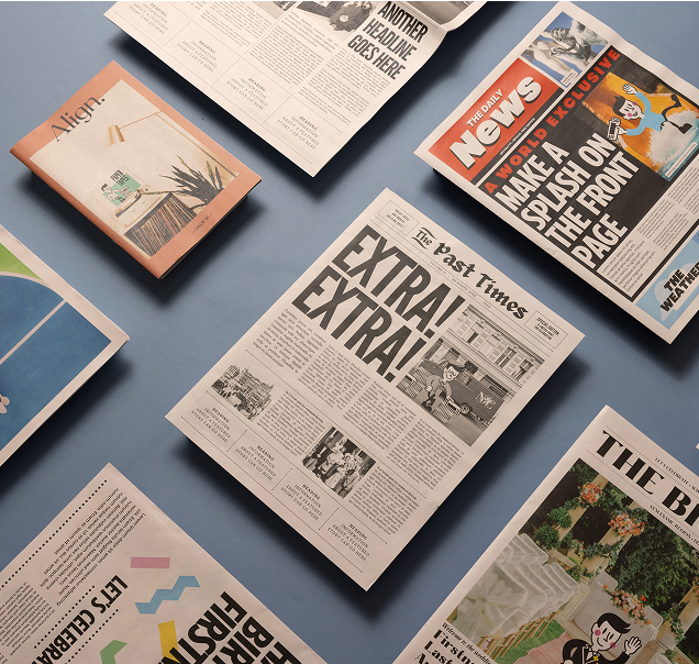 A tabloid-sized wedding newspaper titled The Big Day being read by two wedding guests.
