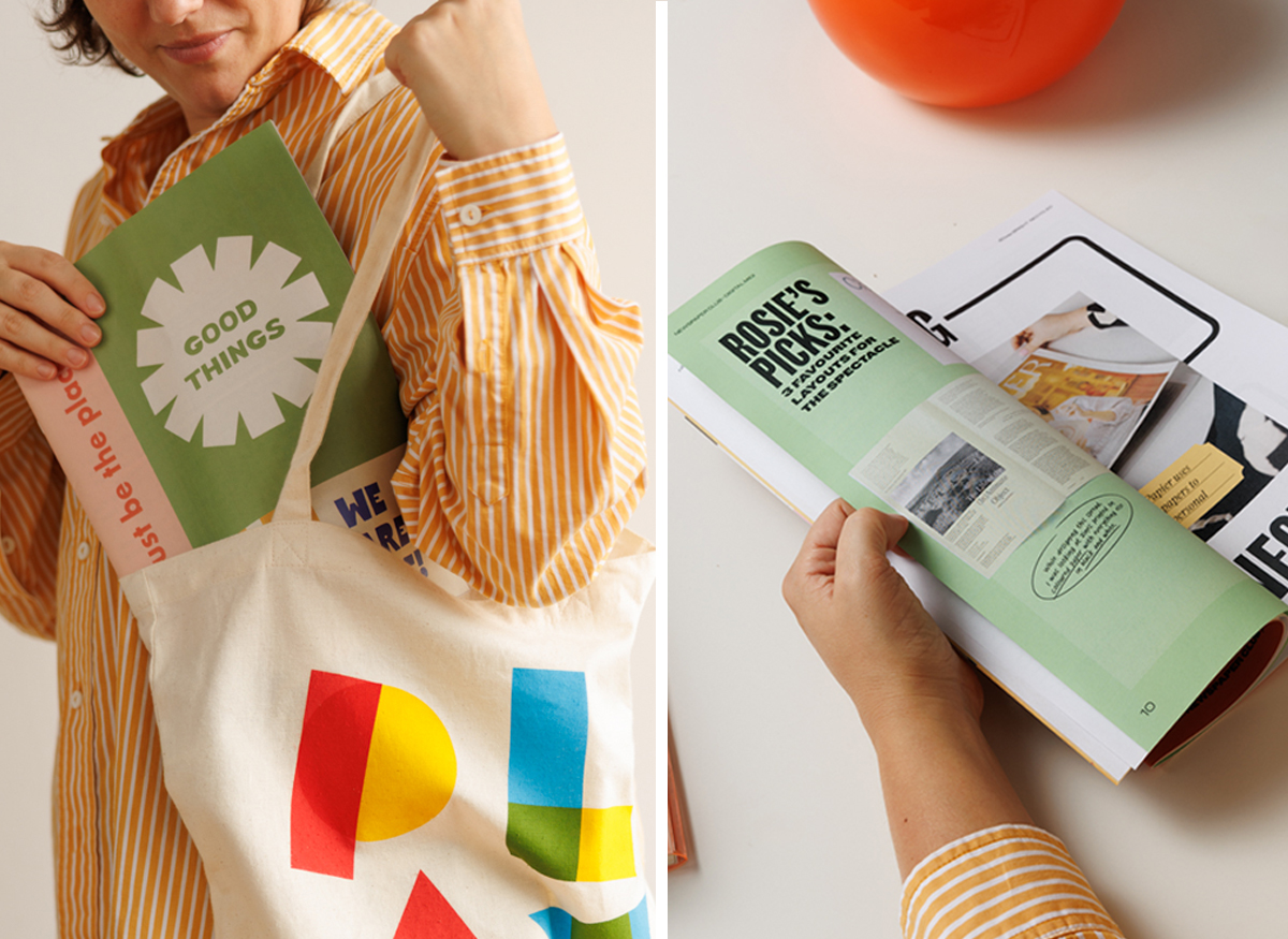 A person putting a midi newspaper into a tote bag