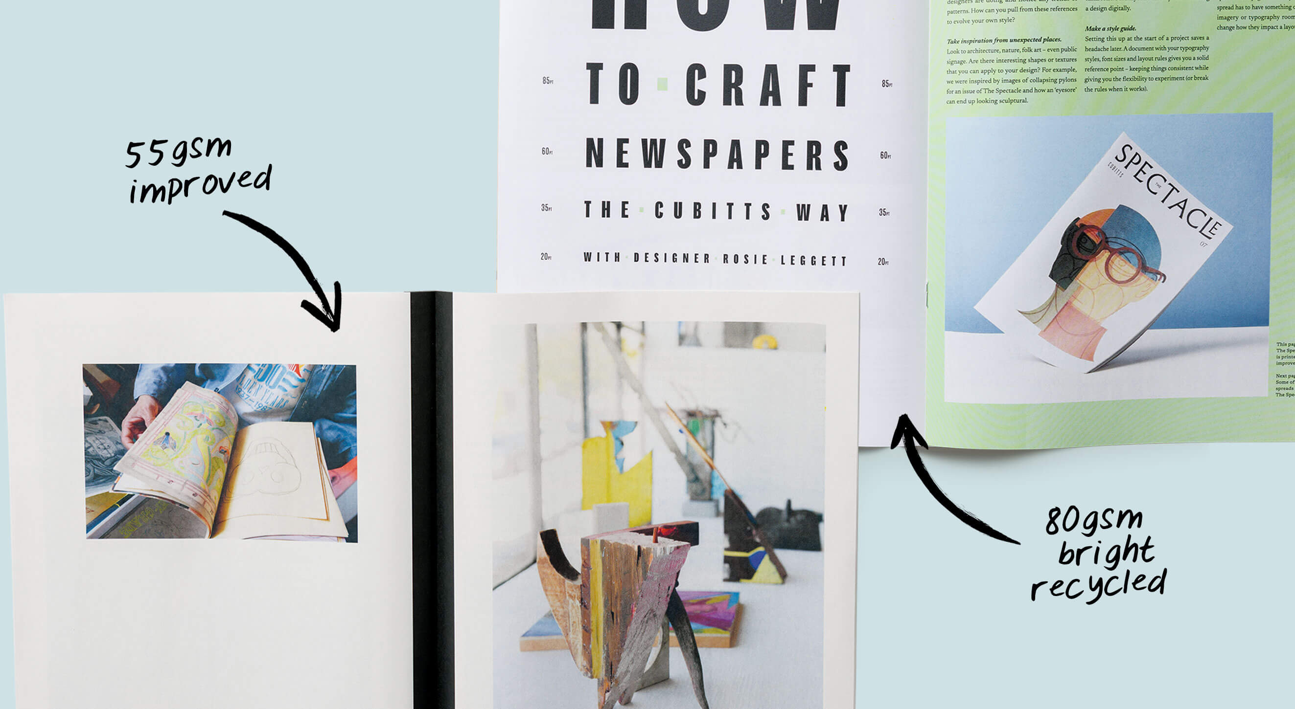 Close-ups of 55gsm and 80gsm bright papers