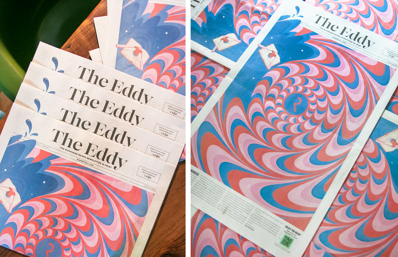 Broadsheet newspaper with masthead The Eddy and swirling pink and blue abstract illustration