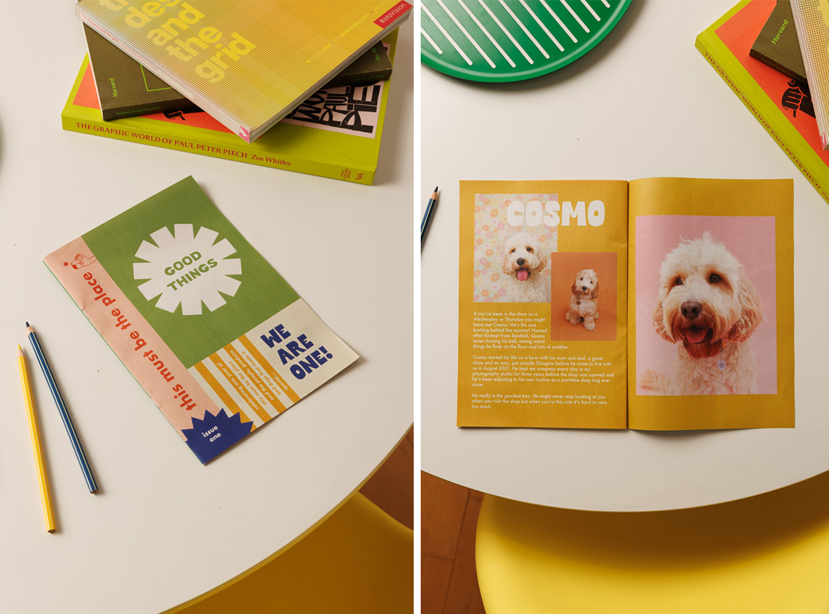 Split image showing cover of zine with All Good Things text and inside spread with a photo of a dog