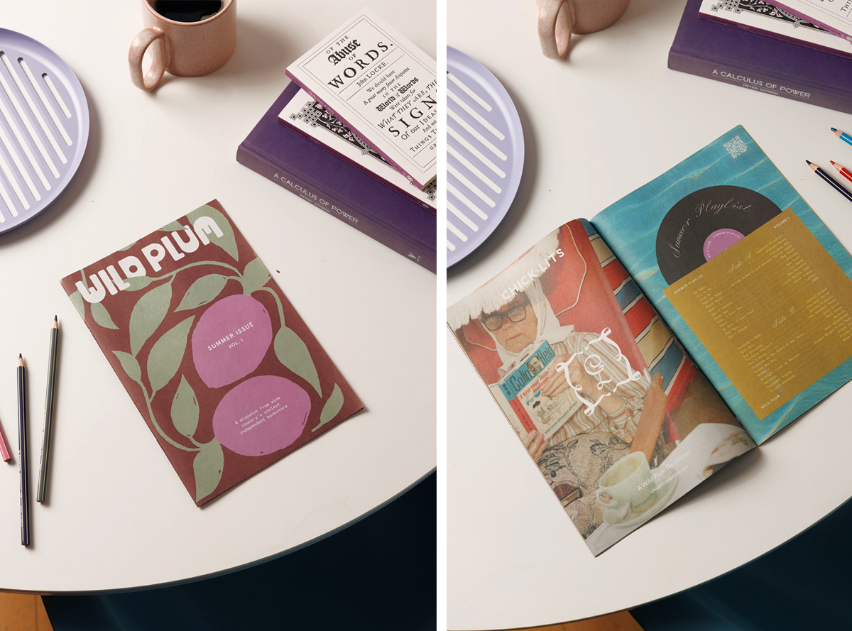 Split image showing cover of zine with Wild Plum text and illustrated spread