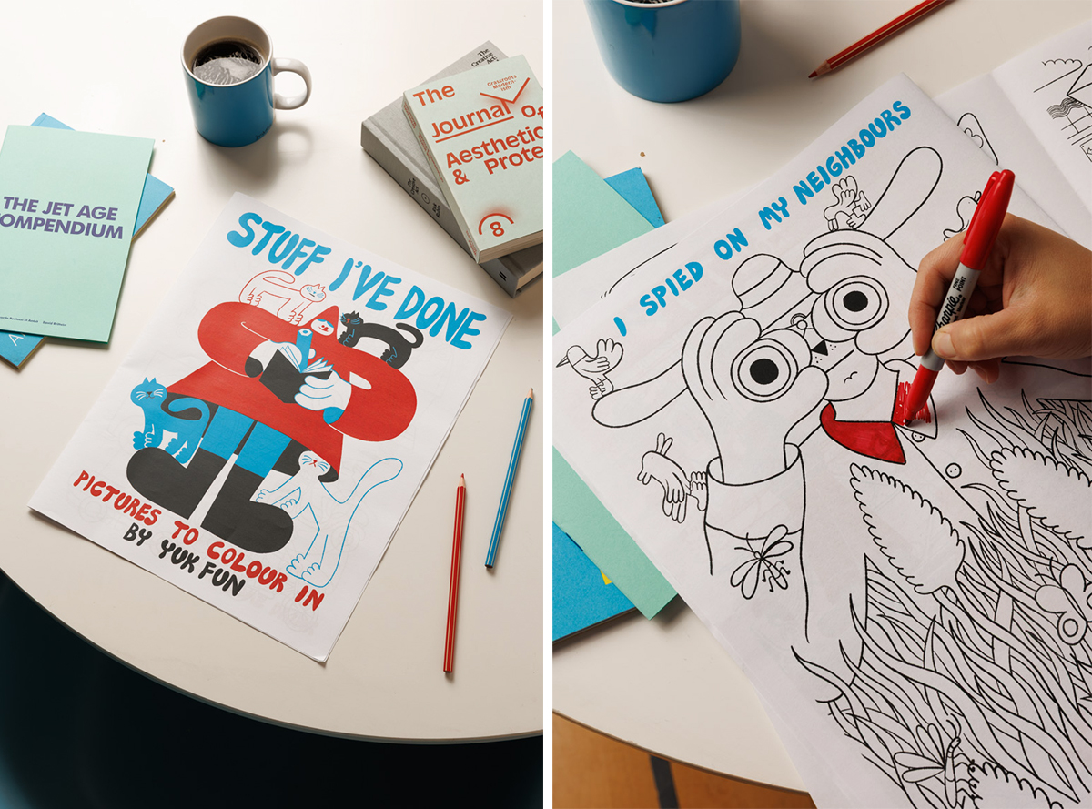 Split image showing cover of Yuk Fun newspaper and hand colouring an illustration