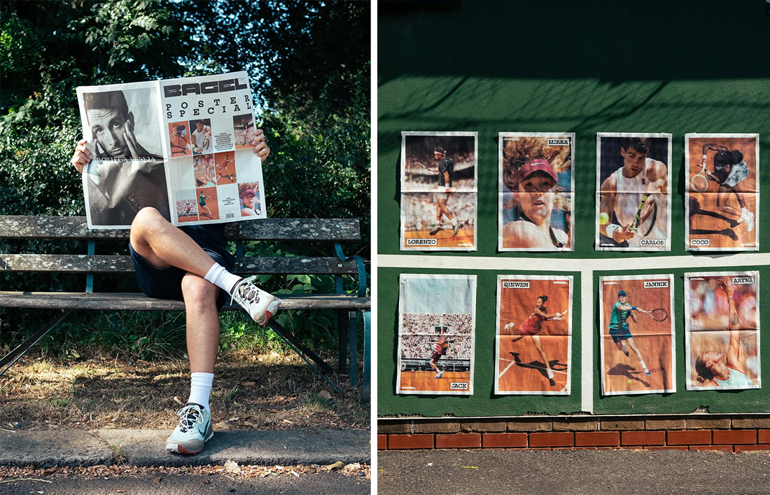 Split image showing person reading Bagel Magazine broadsheet and portrait spreads pasted on the wall like posters.