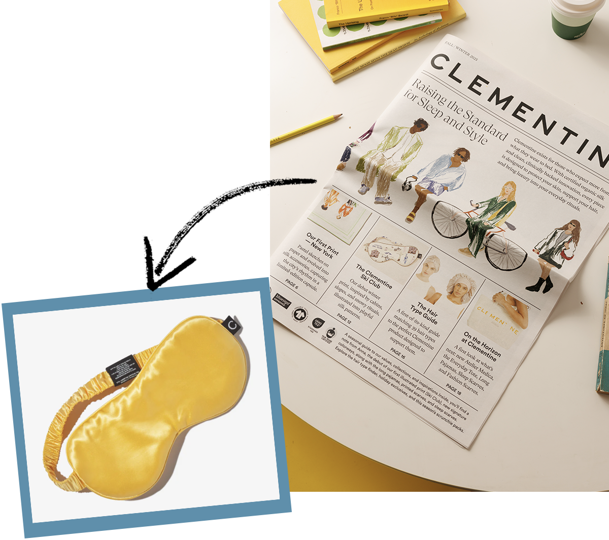 Clementine sleepwear newspaper with inset image of eye mask