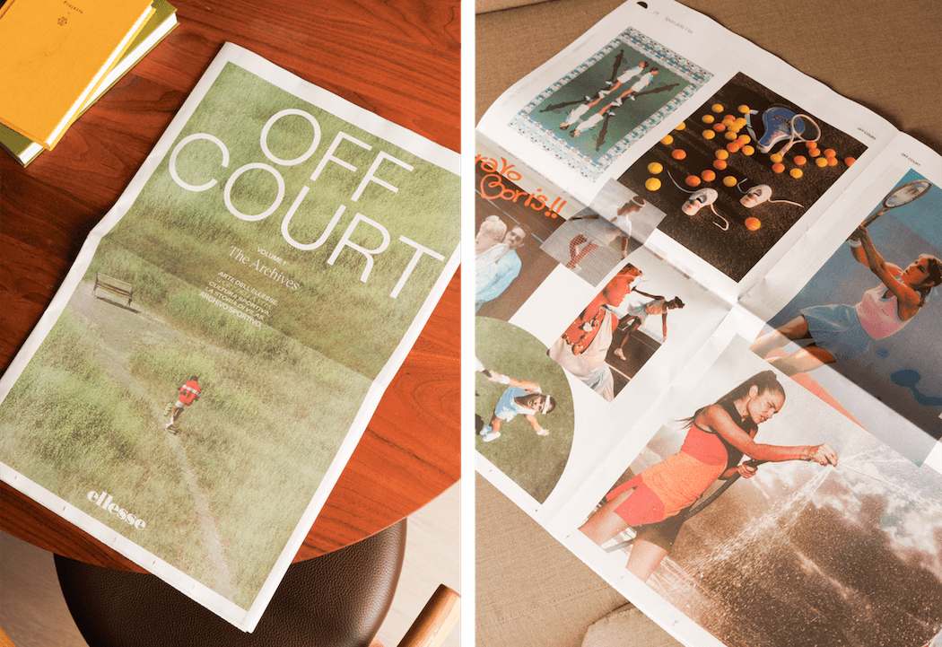 Two images side-by-side showing a broadsheet printed by Newspaper Club. On the left, the cover with title Off Court over an image of a tennis court. On the right, an inside spread showing photos of people playing tennis.