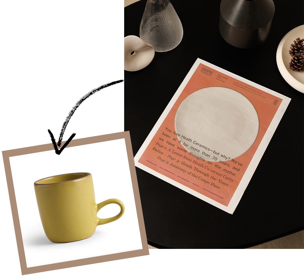 Heath Ceramics newspaper with inset image of yellow mug