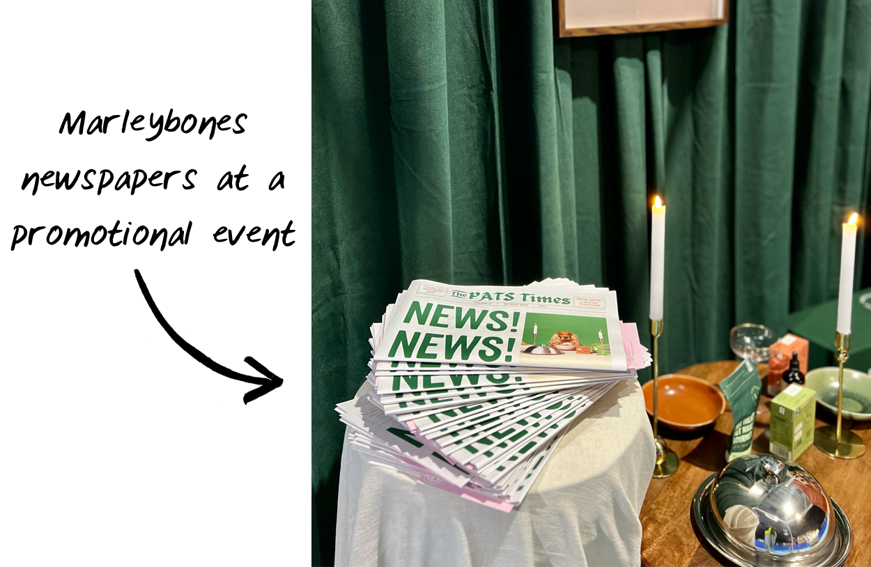 Marleybones pet food brand newspaper. Printed by Newspaper Club.