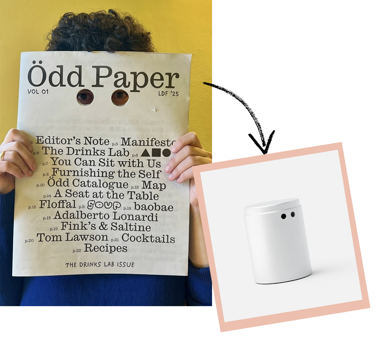 Odd Universe newspaper with inset image of stool