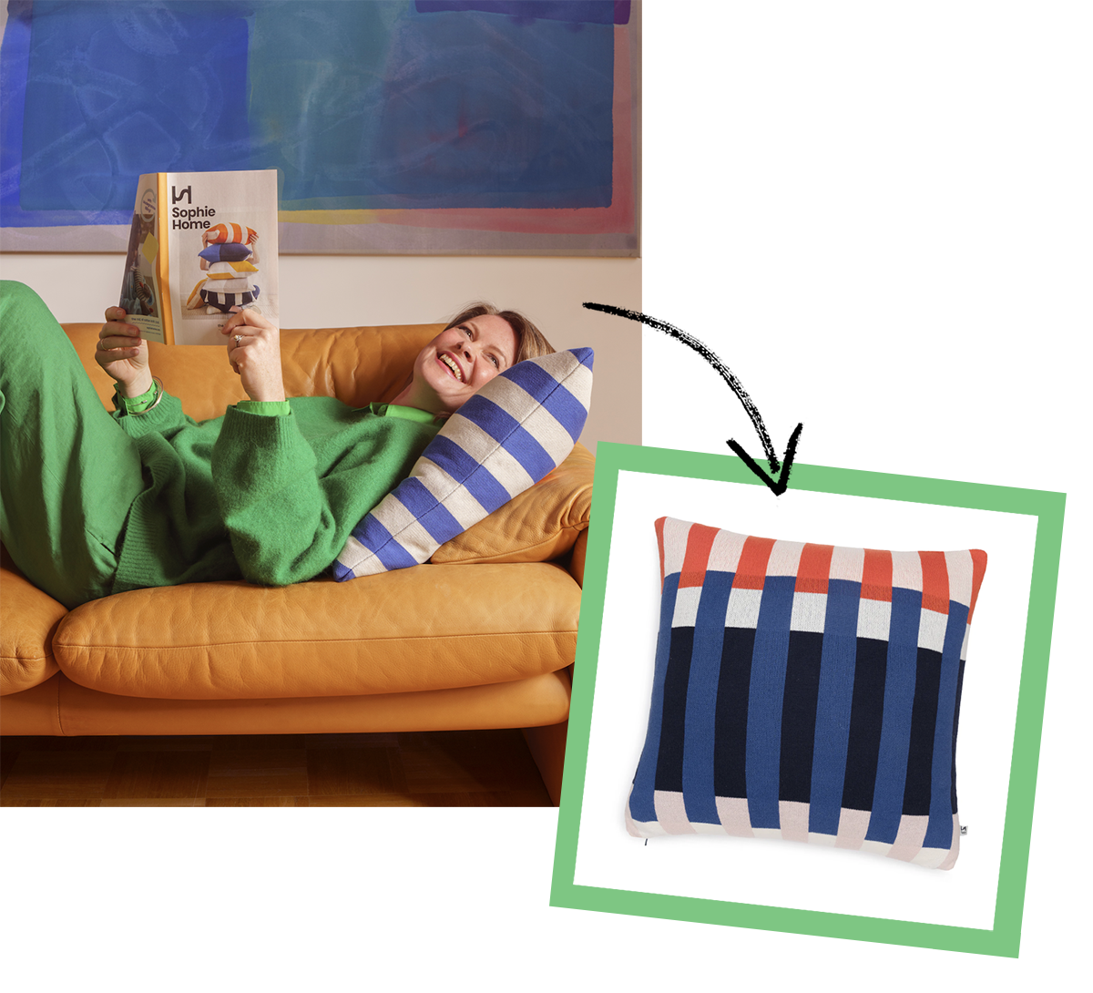 Woman reading a mini newspaper with inset image of cushion